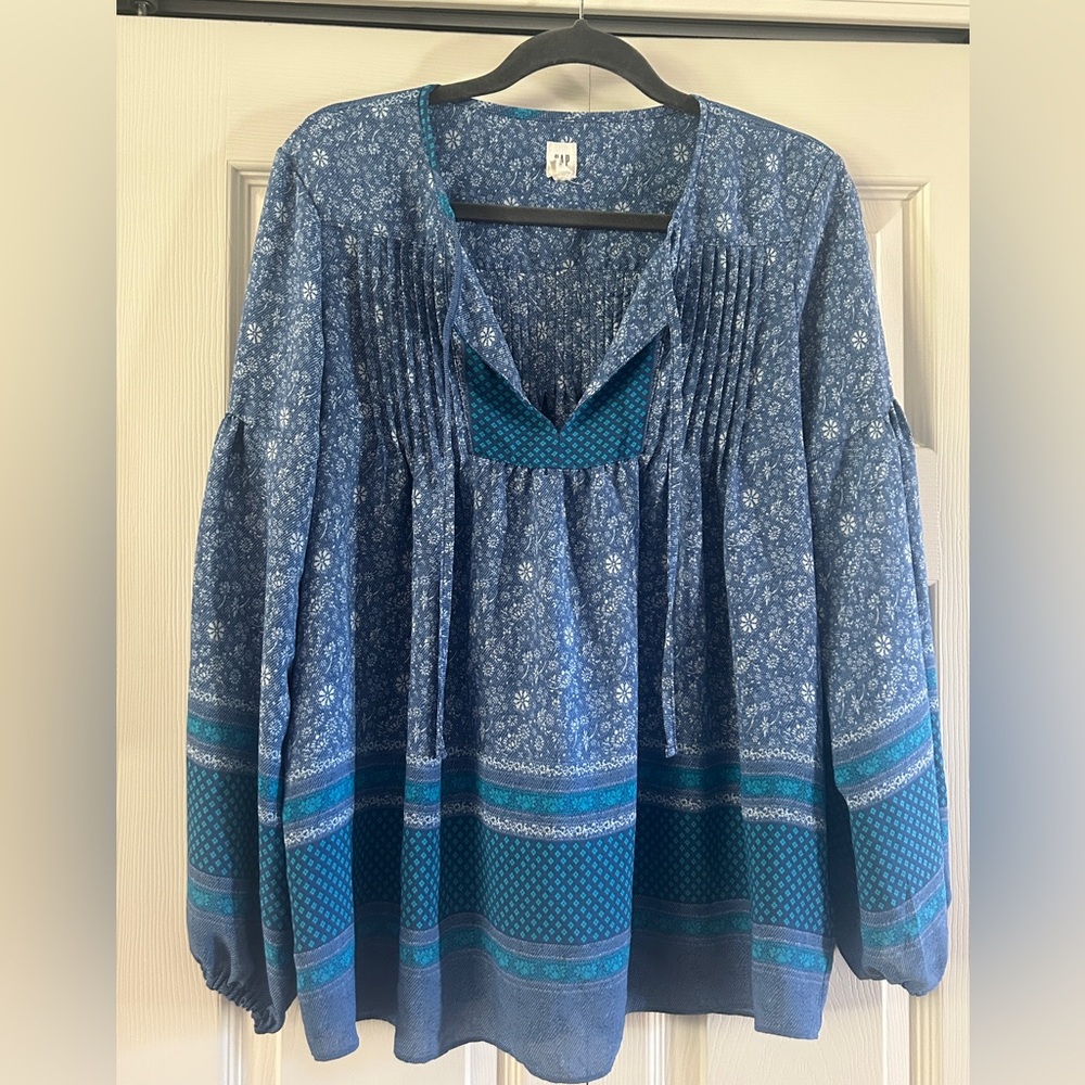 Gap Shirt Women’s Size M Blue Floral Peasant Blouse Cottage Core Boho Fall Top